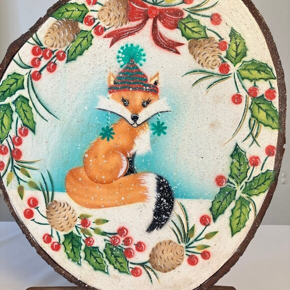 Rustic Christmas Wooden Table Top Decor Set Christmas Tree and Fox - Picture 2 of 8